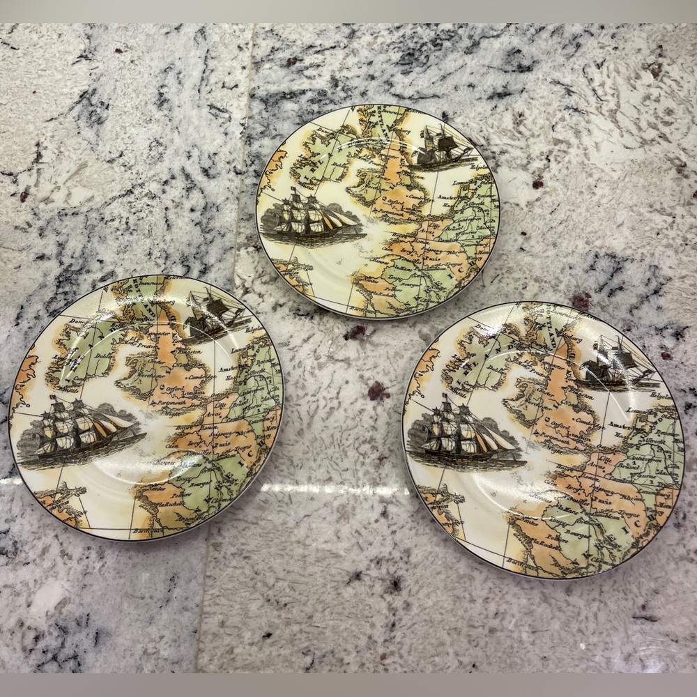 I. Goldinger Co. Set of Three 7 5/8" Vintage Nautical Map Salad Dessert Plates